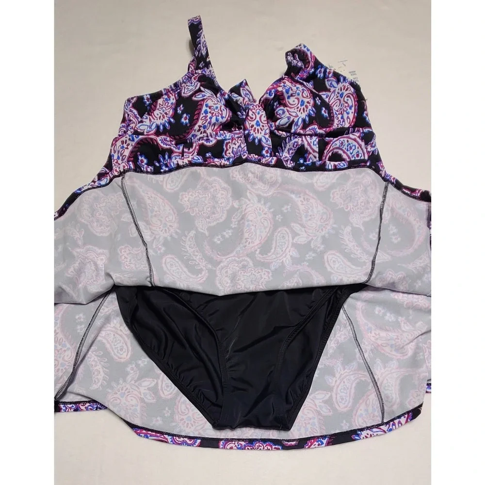 Swim Solutions Women's Paisley Twist Knot Swim Dress One Piece Black Purple